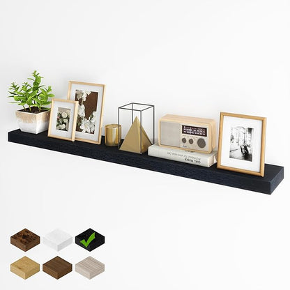 Fun Memories 55 Inch Fireplace Mantel Shelf -Long Floating Shelf, Wall Mounted Farmhouse Display Shelf with Invisible Heavy Duty Metal Bracket, Black