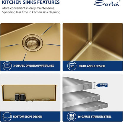 Sarlai 36 Gold Undermount Kitchen Sink Workstation - 36x19 Inch Kitchen Sinks with Ledge NANO-Tech Gold Sink Round Corner 16 Gauge Stainless Steel Single Bowl Sink Basin