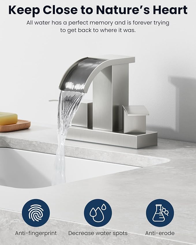 gotonovo Waterfall 4 Inch Centerset Bathroom Sink Faucet 2 Handle Basin Faucets 2 or 3 Hole Deck Mount with Pop Up Drain Included Lavatory Modern Mixer Tap Vanity Faucet Brushed Nickel