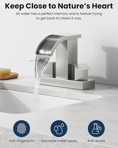 gotonovo Waterfall 4 Inch Centerset Bathroom Sink Faucet 2 Handle Basin Faucets 2 or 3 Hole Deck Mount with Pop Up Drain Included Lavatory Modern Mixer Tap Vanity Faucet Brushed Nickel