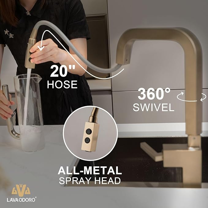 Lava Odoro Champagne Gold Kitchen Faucet with Pull Down Sprayer, Bronze Gold Single Handle Kitchen Sink Faucet, 1 Hole Faucet for Kitchen Sink with Magnetic Docking Spray Head and Deck Plate KF182-CB