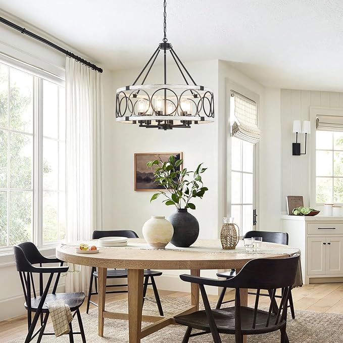 Rustic Farmhouse Chandelier 6 Light, Dining Room Light Fixtures Over Table, Hanging Farmhouse Light Fixture Round Chandelier for Kitchen Island Entryway Foyer Bedroom-Black & White Oak