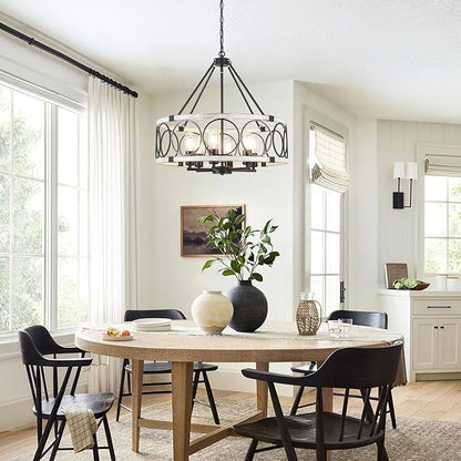 Rustic Farmhouse Chandelier 6 Light, Dining Room Light Fixtures Over Table, Hanging Farmhouse Light Fixture Round Chandelier for Kitchen Island Entryway Foyer Bedroom-Black & White Oak