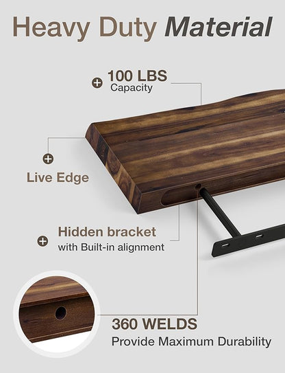 BATODA 17” Acacia Live Edge Floating Shelves, Wooden Floating Shelves for Wall - Floating Book Shelves, Book Shelf for Bathroom, Kitchen - Wall Mounted Shelf for House Decor (Walnut Color)