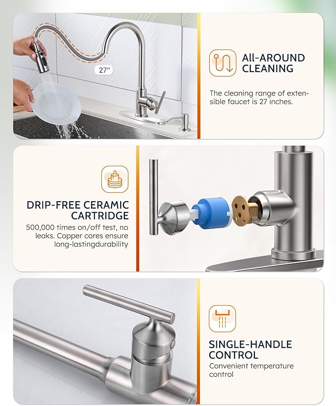 Kitchen Faucets with Soap Dispenser with Pull Down Sprayer, High Arc Single Handle Stainless Steel Sink Faucets 1 or 3 Hole, Kitchen Sink Faucets for Farmhouse Camper Laundry Rv Bar,Brushed Nickel