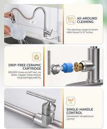 Kitchen Faucets with Soap Dispenser with Pull Down Sprayer, High Arc Single Handle Stainless Steel Sink Faucets 1 or 3 Hole, Kitchen Sink Faucets for Farmhouse Camper Laundry Rv Bar,Brushed Nickel