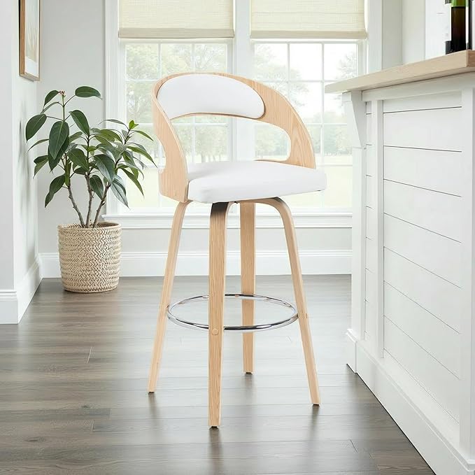 Shelly Modern Bar Height Swivel Stool in Patterned Oak Finish with White Faux Leather Upholstered Seat Set of 3
