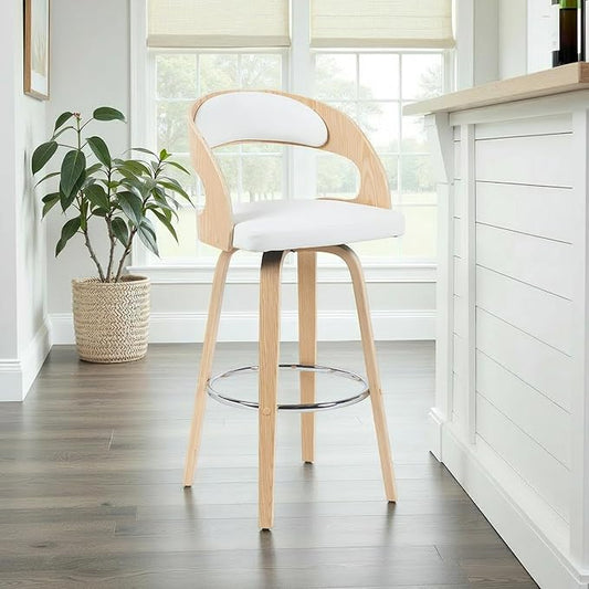 Shelly Modern Bar Height Swivel Stool in Patterned Oak Finish with White Faux Leather Upholstered Seat Set of 3