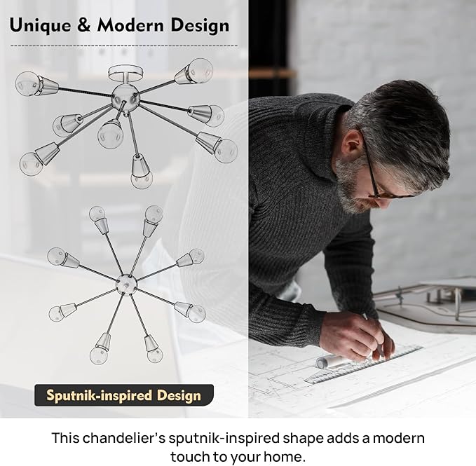 Modern Sputnik Chandelier - 8-Lights Farmhouse Ceiling Lights Fixture Black and Gold Semi Flush Mount Ceiling Light for Living Room Bedroom Hallway Entryway