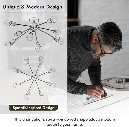 Modern Sputnik Chandelier - 8-Lights Farmhouse Ceiling Lights Fixture Black and Gold Semi Flush Mount Ceiling Light for Living Room Bedroom Hallway Entryway