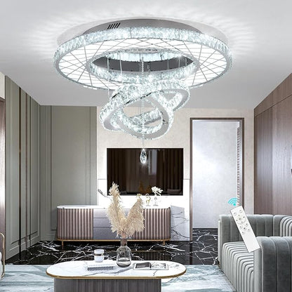 HAIXIANG Crystal Glam Chandelier LED Ceiling Light Dining Bedroom Interior Lighting Fixtures Remote Dimmable Ceiling Chandeliers 24 Inches Silver Light