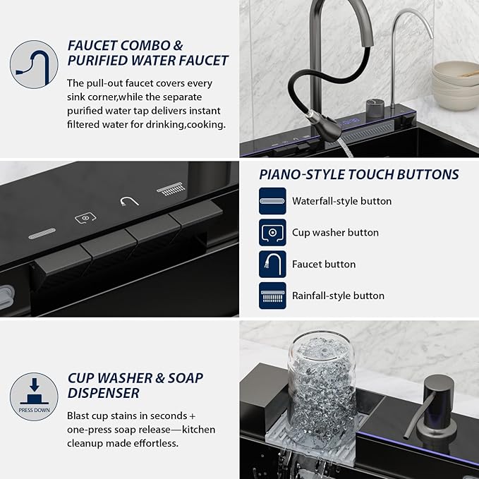 Logmey 33" Smart Dual Waterfall Sink with Digital Display,Water Purifier,Nano PVD Black Drop in Kitchen Sink with Faucet,16 Gauge Stainless Steel Sinks with Temperature Control Knob,5 Buttons,33x19x9