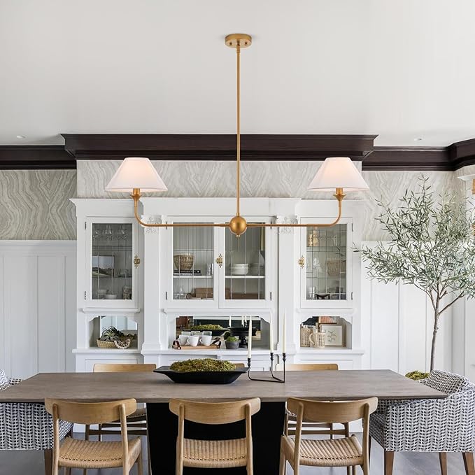 Modern Linear Chandeliers for Dining Room, Gold Island Light Fixtures with Off-White Fabric Shade, Rustic Linear Pendant Light for Kitchen