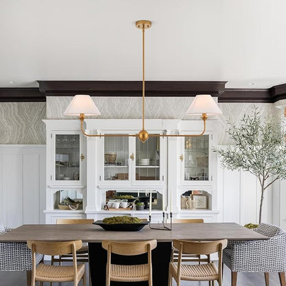 Modern Linear Chandeliers for Dining Room, Gold Island Light Fixtures with Off-White Fabric Shade, Rustic Linear Pendant Light for Kitchen