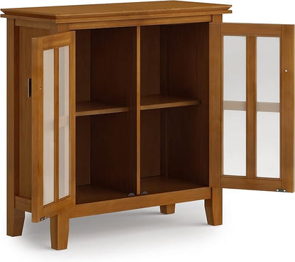 SIMPLIHOME Artisan Storage Cabinet - 30 inch Wide Solid Wood Low Storage Cabinet in Honey Brown, Contemporary Accent Cabinet for Living Room or Dining Room with Glass Doors and Adjustable Shelves