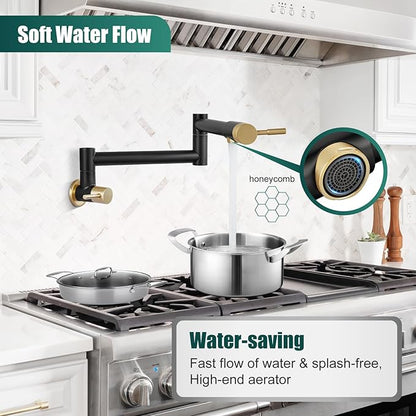 Heyalan Pot Filler 19 Inch Wall Mount Folding Stretchable Kitchen Restaurant Faucet Stainless Steel Pot Filler Double Joint Swing Arm Two Handles Commercial NPT,Straight Handle,Black and Brushed Gold