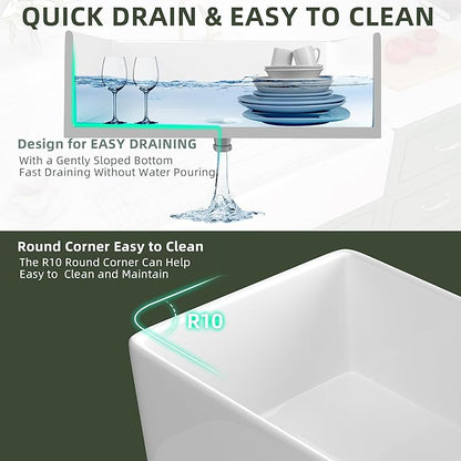 TUKTUK White Farmhouse Sink 33 inch Fireclay Apron Front Farm House Kitchen Sink Single Bowl Deep Drop In Undermount Reversible Heavy Duty Easy to Clean Porcelain Kitchen Basin Modern Luxury Accessory