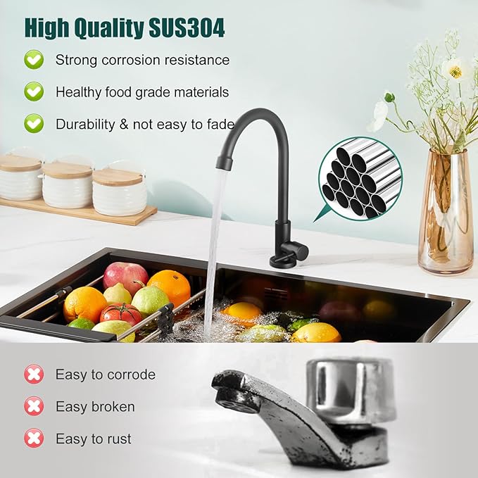 Heyalan Matte Black Cold Water Only Kitchen Faucet SUS304 Sink Faucets High Arc Gooseneck 360 Degree Rotation Spout Basin Tap with Longer Thread Pipe