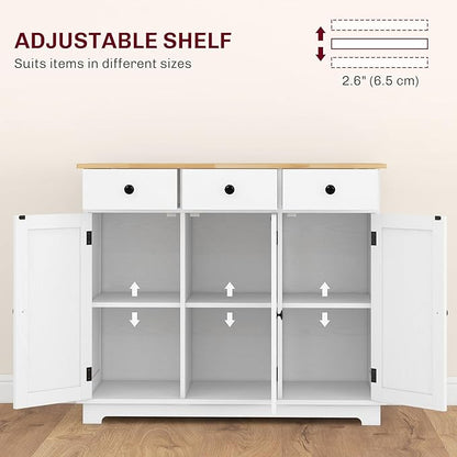 HOMCOM Sideboard Buffet Cabinet with Solid Wood Countertop, Modern Kitchen Storage Cabinet, Coffee Bar Cabinet with 3 Drawers, Doors and Adjustable Shelf, Distressed White