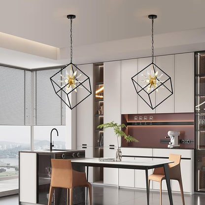 Farmhouse Chandelier,6-Lights Industrial Rustic Dining Room Pendant Light,Adjustable Hanging Candle Light Fixtures for Kitchen Island Living Room Foyer (Black/Gold/Crystal-6 Lights)