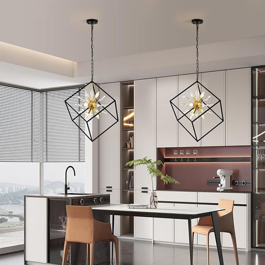 Farmhouse Chandelier,6-Lights Industrial Rustic Dining Room Pendant Light,Adjustable Hanging Candle Light Fixtures for Kitchen Island Living Room Foyer (Black/Gold/Crystal-6 Lights)