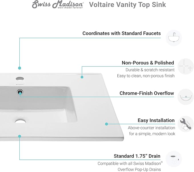 Swiss Madison Well Made Forever SM-VT328 Voltaire Vanity Top Sink, Glossy White
