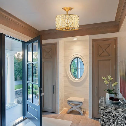 Semi Flush Mount Chandelier for Dining Room, 3-Lights Vintage Crystal Round Chandelier, Gold Retro Semi-Flush Mount Ceiling Lights Fixture for Living Room Bedroom Kitchen Hallway Foyer