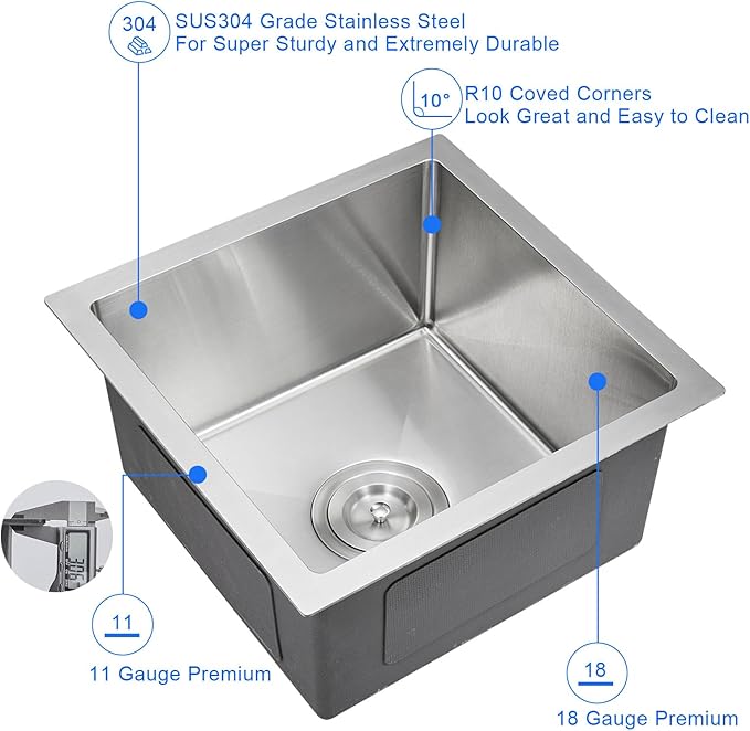 MENATT 15 x 15 Inch Undermount Bar Sink, Single Bowl Handmade Stainless Steel Small Kitchen Bar Sink, 15" x 15" x 8"