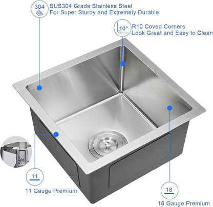 MENATT 15 x 15 Inch Undermount Bar Sink, Single Bowl Handmade Stainless Steel Small Kitchen Bar Sink, 15" x 15" x 8"