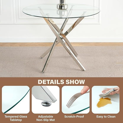36-Inch Round Tempered Glass Dining Table for 2-4 Person Space-Saving Small Kitchen Table with Heavy-Duty Metal Legs Perfect for Dining Room, Apartment, Condo (Silver)