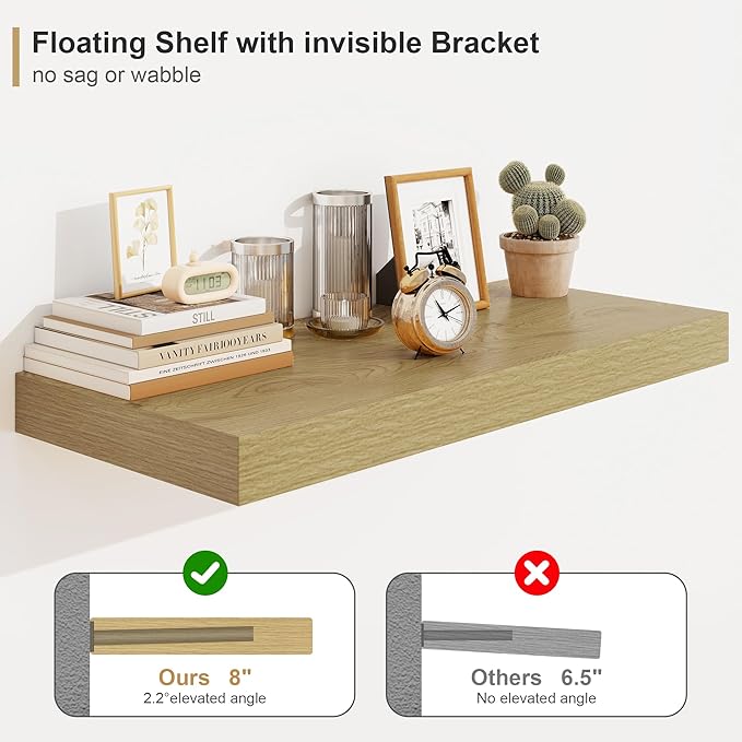 Heimlove 12" Deep Oak Floating Shelves,Over Toilet Long Wall Mounted Modern Farmhouse 36 inches,Wall Shelves with Invisible Brackets for Bedroom, Bathroom, Living Room, Kitchen, Set of 1