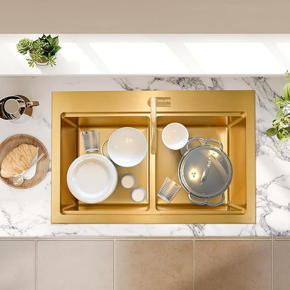 MILOSEN Gold Double Bowl Kitchen Sink, 31''x22'' Gold Workstation Sink 50/50 Topmount Double Basin with Accessories, Drop in 16 Gauge T304 Stainless Steel Sinks,10'' Deep and Large Handmade Sink