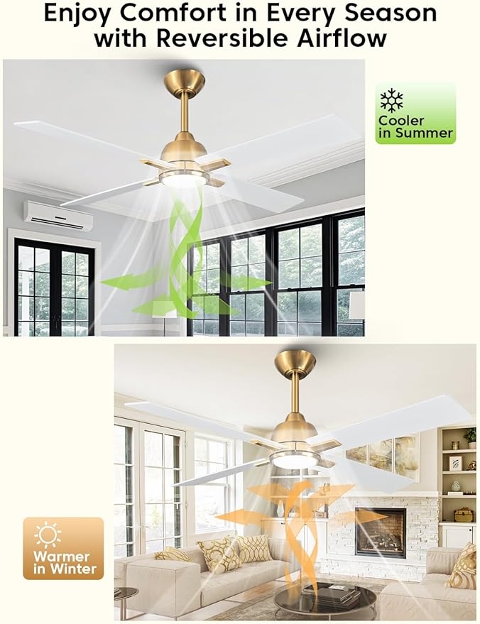 48 Inch White Gold Ceiling Fan with Light and Remote, Quiet Reversible DC Motor, 6-Speed Modern Ceiling Fan for Bedroom, Living Room, Dining Room, Small Spaces, LED Dual Color Lighting, ETL Certified