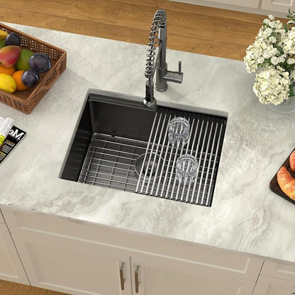 Dcolora 23 Inch Black Kitchen Sink Undermount Wet Bar Sink Workstation Single Bowl Stainless Steel Nano PVD Coating Small Kitchen Sinks, #DC-UW256723