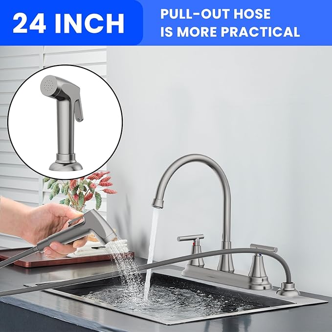 HURRAN 2-Handle Kitchen Faucet with Pull-Out Side Sprayer, 8 Inch High Arch Stainless Steel 360°Rotating Kitchen Sink Faucet, 4 Hole Faucet for Kitchen Bar Rv Camper, Nickel