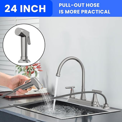 HURRAN 2-Handle Kitchen Faucet with Pull-Out Side Sprayer, 8 Inch High Arch Stainless Steel 360°Rotating Kitchen Sink Faucet, 4 Hole Faucet for Kitchen Bar Rv Camper, Nickel