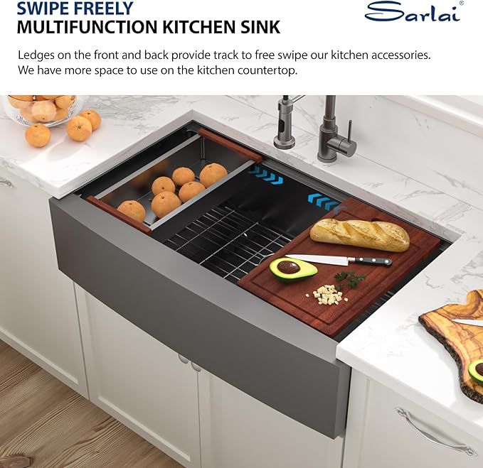 Sarlai 36 Black Farmhouse Sink Stainless Steel - 36 x 22 inch Kitchen Sink Ledge Workstation Gunmetal Black Farmhouse Sinks Apron Front 16 Gauge Stainless Steel Deep Single Bowl Kitchen Farm Sinks