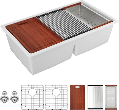 Sarlai 33 Granite Kitchen Sink Double Bowl - 33"x19" White Granite Composite Kitchen Sink Ledge Workstation White Undermount Double Bowl 50/50 Low Divide Quartz Classic Composite Under Counter Basin