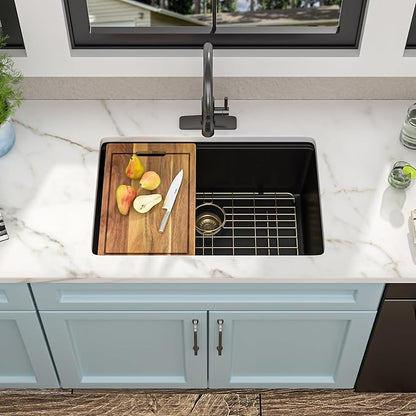 28 Granite Composite Kitchen Sink - Fulorni 28"x19" Granite Kitchen Sink Black Undermount Ledge Workstation Quartz Classic Matte Black Luxury Under Counter Single Bowl Basin