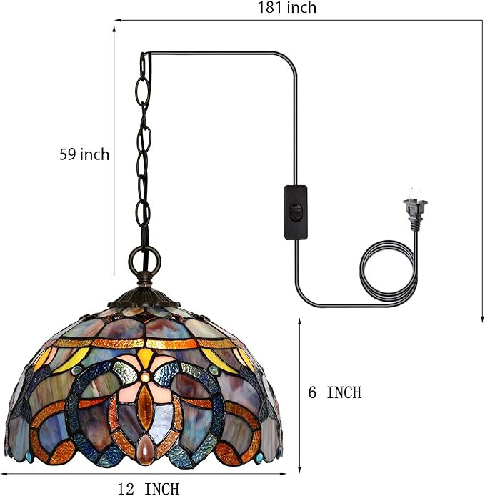 Tiffany Pendant Light Plug-in Stained Glass Hanging Lamp 12”x12”x181” Blue Baroque Swag Light Decorative Vintage Lighting for Dining Room Living Room Kitchen Hallway Bedroom