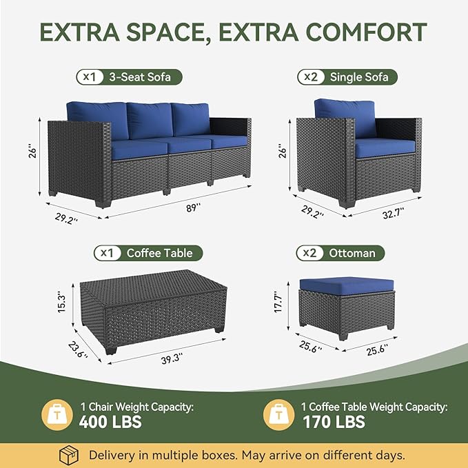 Aoxun 8 Piece Outdoor Patio Furniture Set 7 Seats, Outdoor Sectional with Thick Waterproof Cushions, Patio Conversation Sets for Garden,Backyard, Porch, Balcony, Deck, Black & Blue