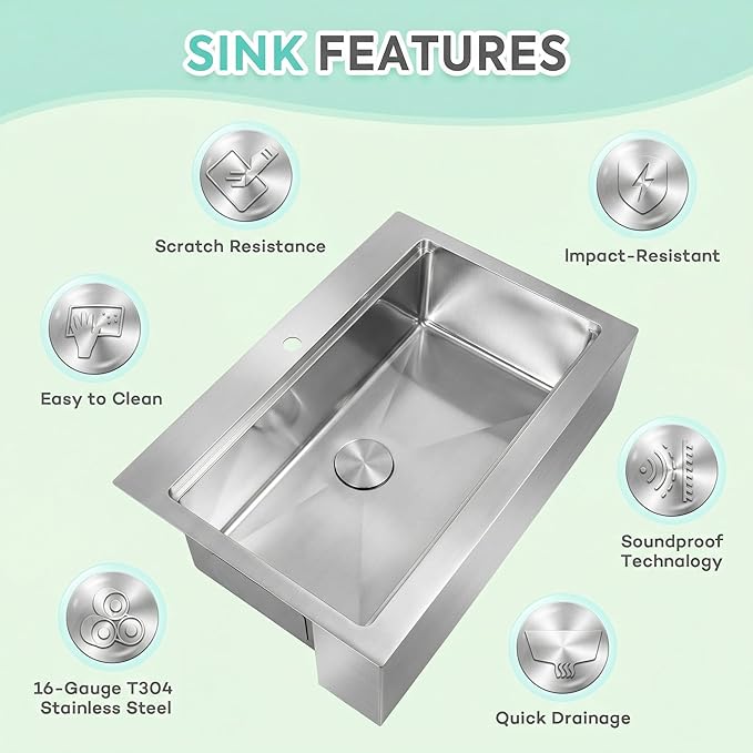 Rhbamoa 33 inch Stainless Steel Farmhouse Sink,16-Gauge T304 Stainless Steel Single Bowl Apron Front Kitchen Farm Sink,10 Inch Depth Topmount Farmhouse Kitchen Sinks with All Accessories