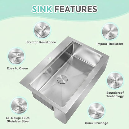 30 Inch Stainless Steel Farmhouse Sink,16-Gauge T304 Stainless Steel Single Bowl Apron Front Kitchen Farm Sink,30'' x 22'' Topmount Farmhouse Sinks with All Accessories