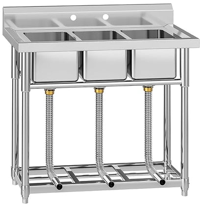 YITAHOME Freestanding Commercial 3 Bay Kitchen Under bar Sink NSF Stainless Steel 3 Compartment Bowl Outdoor Sink with Storage Shelve, Backsplash for Restaurant, Food Truck & Home (39"x 18"x 37")