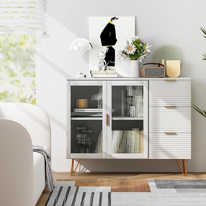 Giantex Buffet Cabinet with Storage, Modern Sideboard with 2 Doors & 3 Drawers, Freestanding Kitchen Cupboard with Solid Metal Legs, Coffee Bar Cabinet with Storage for Living Room, White