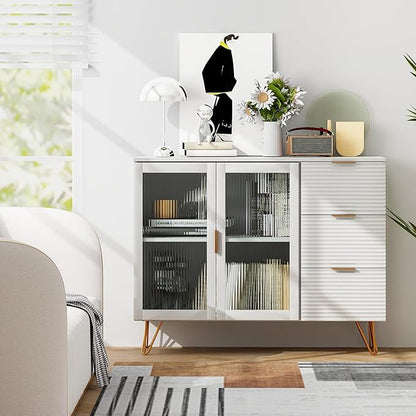 Giantex Buffet Cabinet with Storage, Modern Sideboard with 2 Doors & 3 Drawers, Freestanding Kitchen Cupboard with Solid Metal Legs, Coffee Bar Cabinet with Storage for Living Room, White