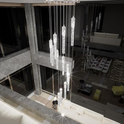 Flashing God Modern Crystal Chandelier Dimmable LED Silver Ceiling Light Crystal Bubble Pendant Lights High Ceiling Chandelier for Living Room Lobby Staircase Chandeliers LED Dimmable 2700K-6000K
