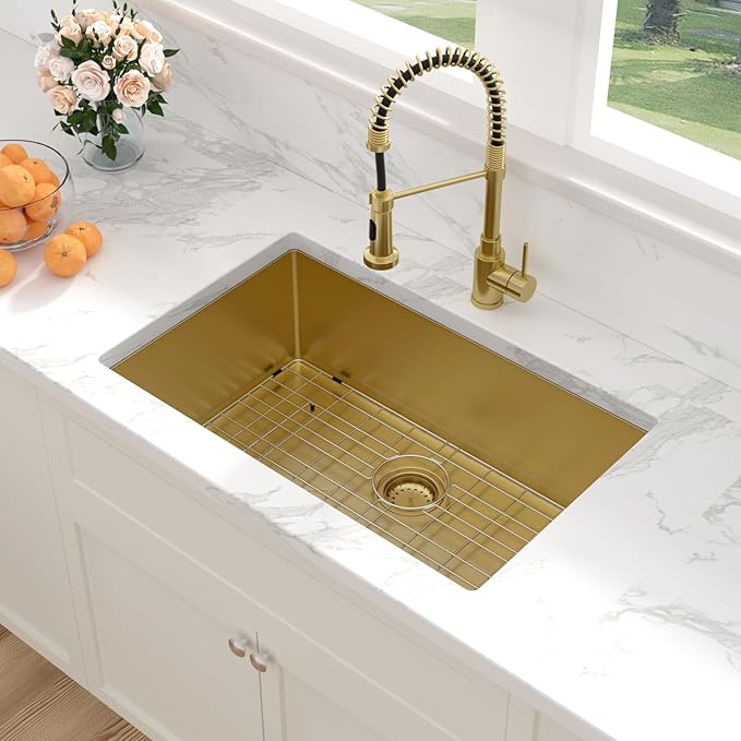 Sarlai Gold Undermount Kitchen Sink - 28 Inch Kitchen Sink Undermount Gold Stainless Steel Single Bowl 28" x 19" Under-Mount 16 Gauge Sinks Under Counter Round Corner Basin