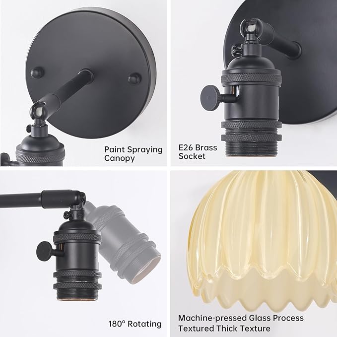 Shenmoyl Vintage Wall Sconce Set of 2 - Rechargeable Battery Powered with Remote Control, Pastel Yellow Tulip Glass Lampshade (5000mAh) for Bedroom/Doorway