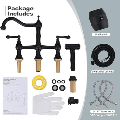 WOWOW Black Kitchen Faucet with Side Sprayer, 4 Hole Brass Kitchen Faucets for Sink, 2 Handle 8 Inch Centerset Bridge Faucet Vintage Farmhouse Copper Kitchen Sink Faucets